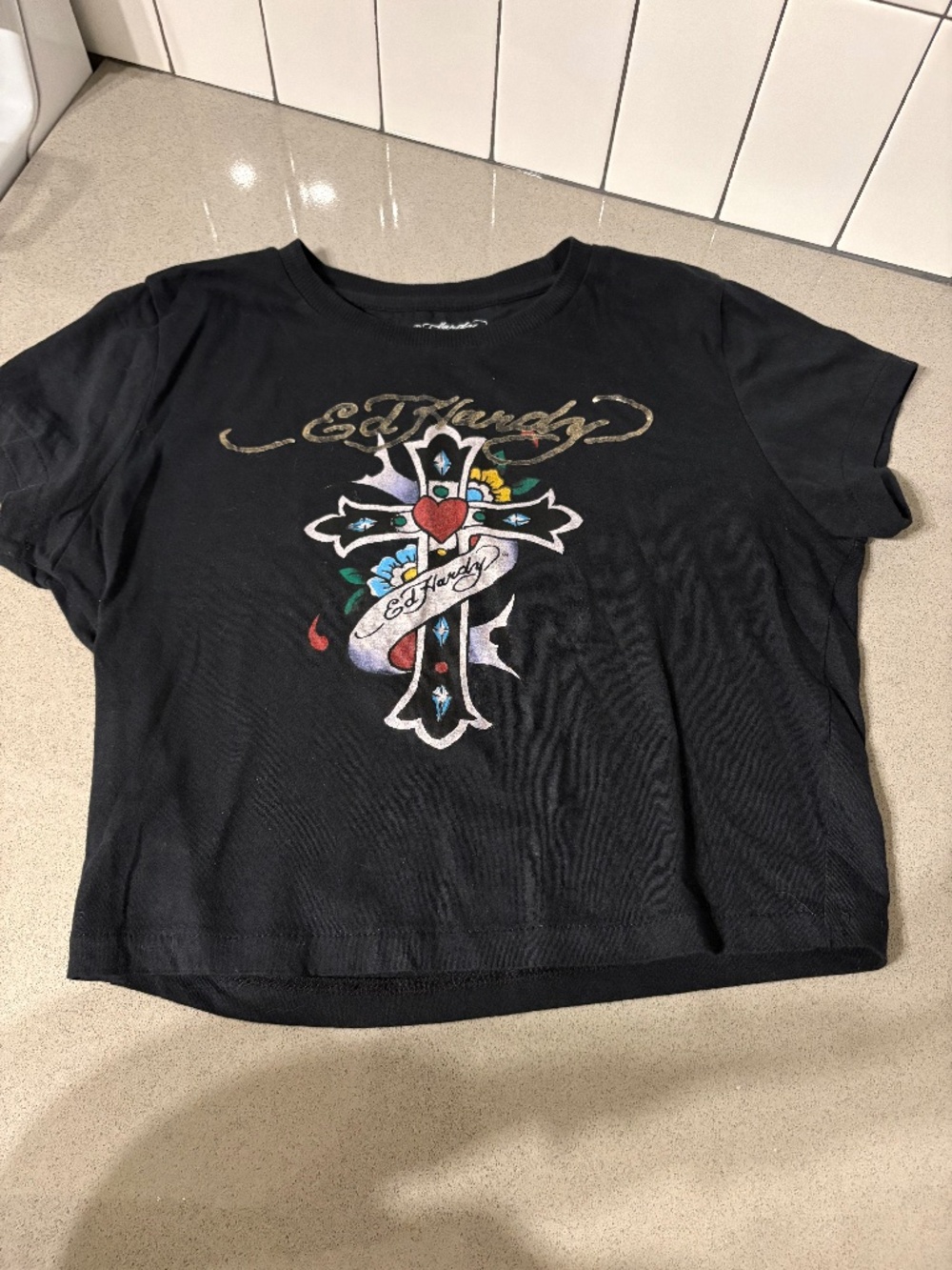 Ed Hardy babydoll cropped tshirt with cross graphic - size “large”